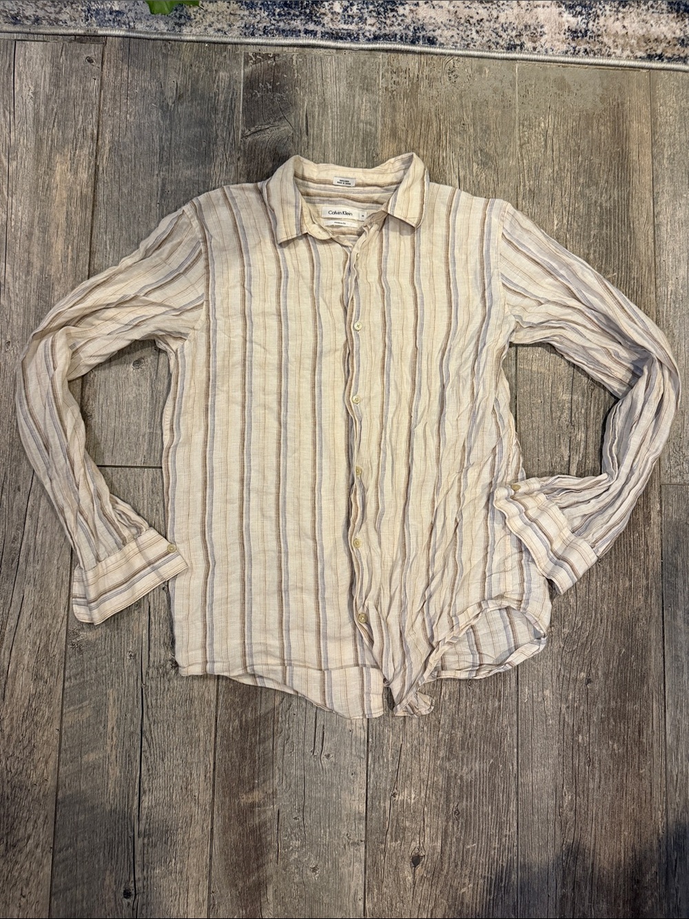 Calvin Klein Striped Linen-Blend Button-Down Shirt in Beige, Blue and Cream